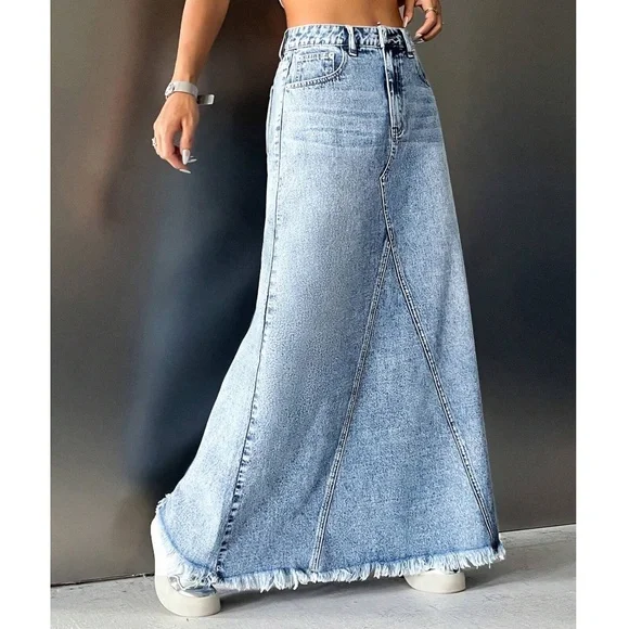 Boho Light Wash Raw hem Jean Denim Pockets Maxi Skirt - Picture 5 of 6